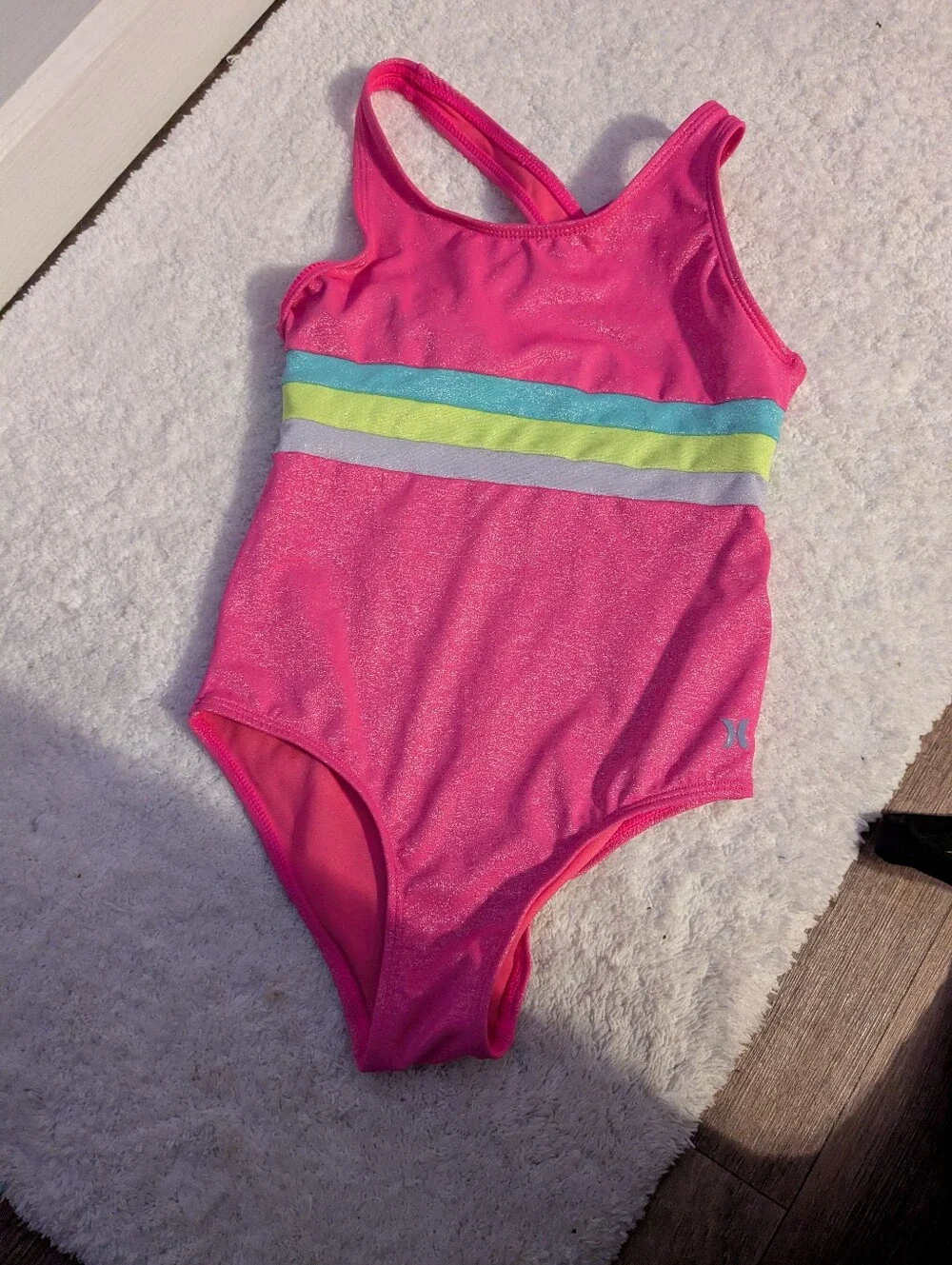 Hurley Hot Pink Girls' One-Piece Swim with Aqua, Yellow, Lavender Stripes